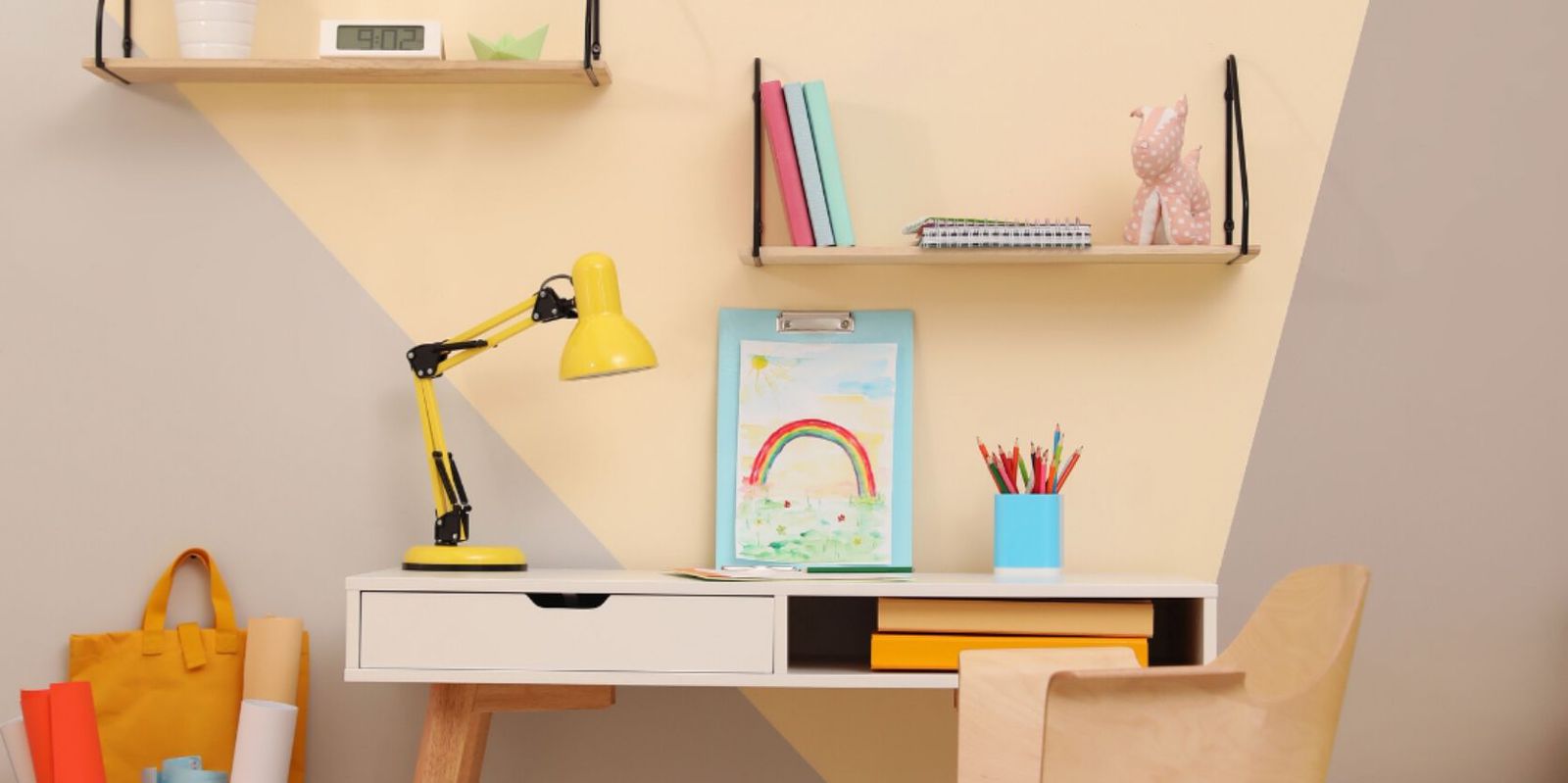 Child’s bedroom with desk and floating shelves
