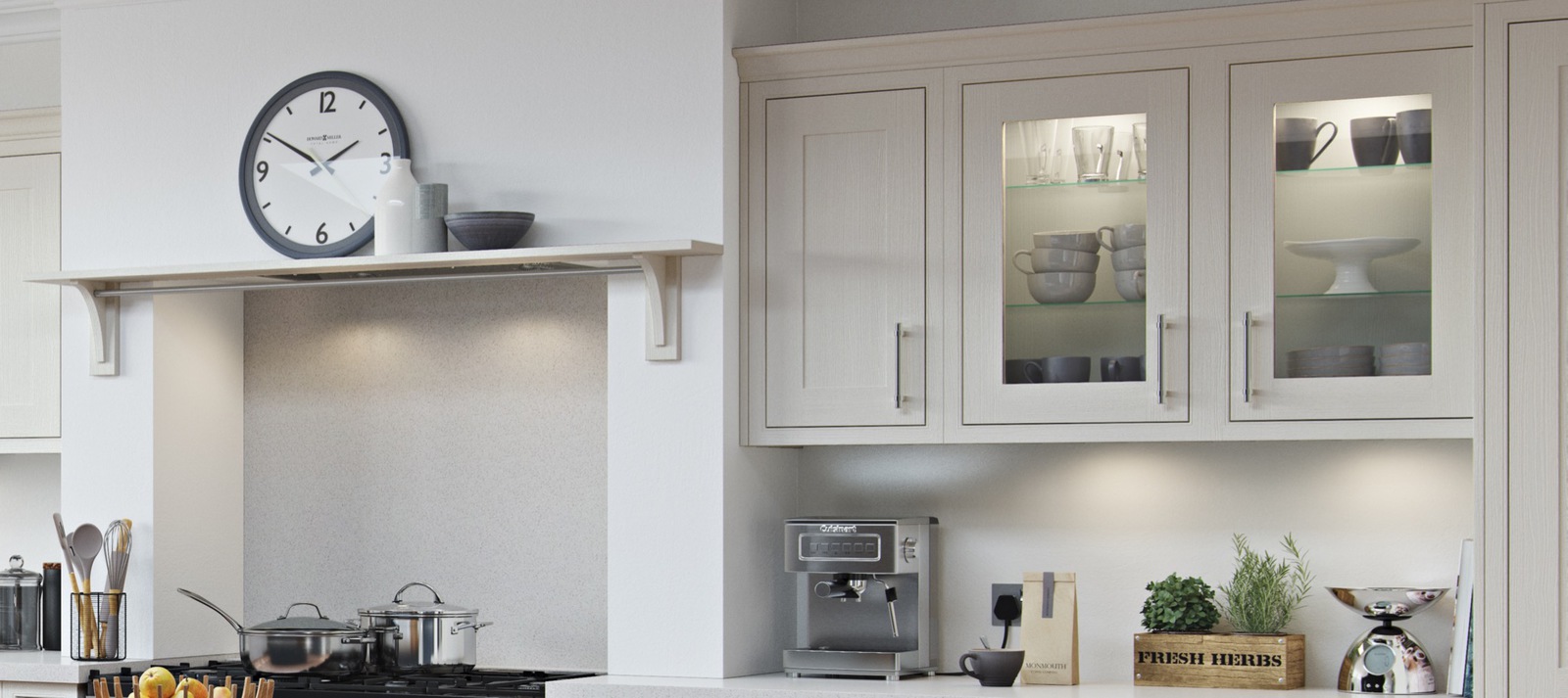 Chalk White and Gunmetal Gret Wooden mantle shelf and feature glazed wall cabinet